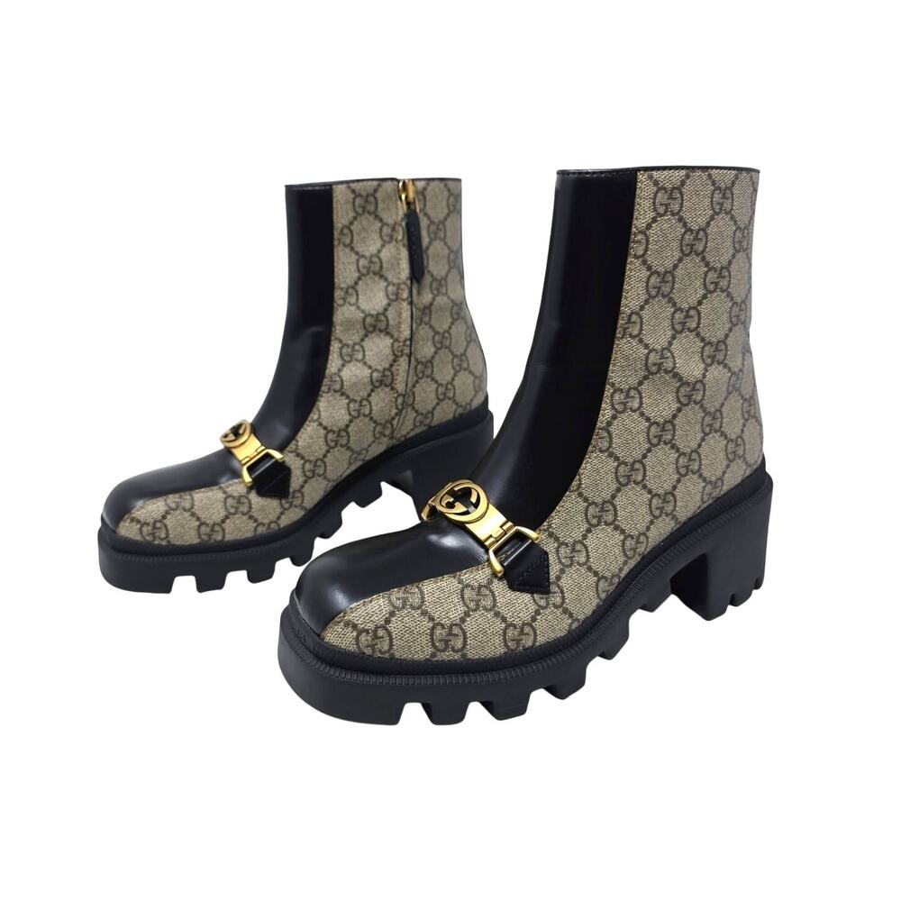Gucci GG Supreme Monogram Magnum Platform Ankle Boots Beige Black 37 7 670412
